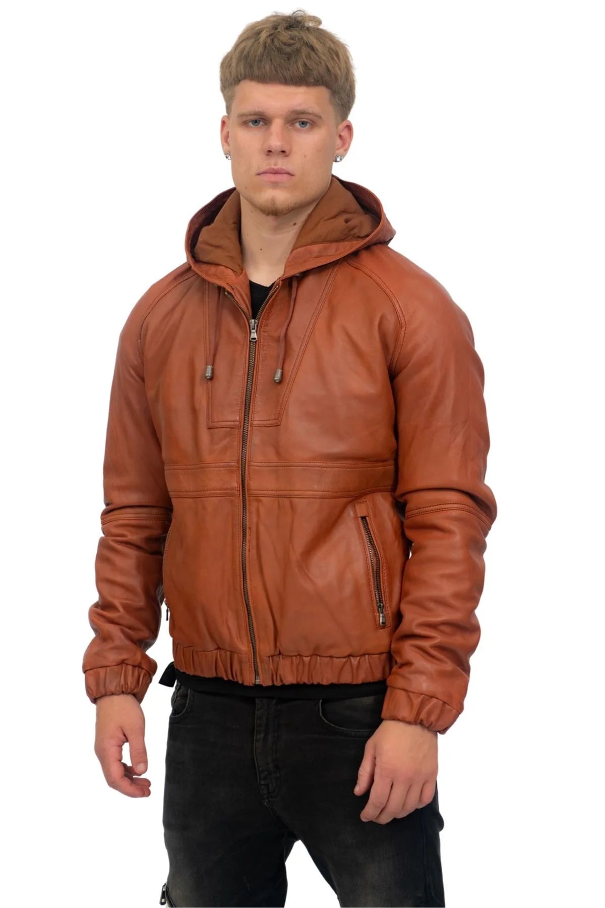 Men’s Casual Leather Hooded Bomber Jacket Odesa | Nappa Lamb Leather