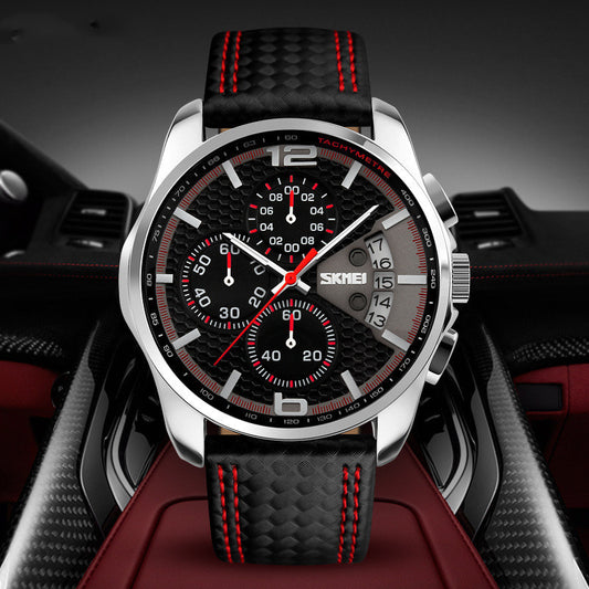 Men’s Leather Quartz Sports Watch – Waterproof Chronograph with Calendar