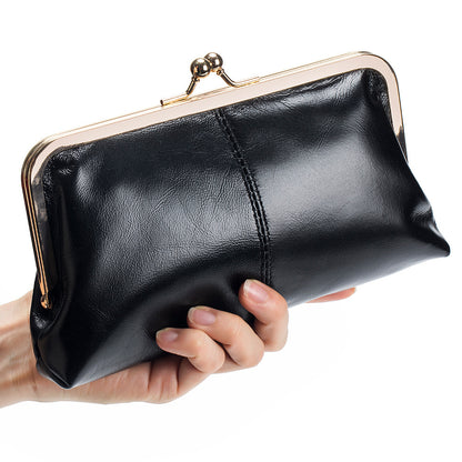 European & American Retro Genuine Leather Long Clutch Wallet – Vintage Oil Wax Clip Bag