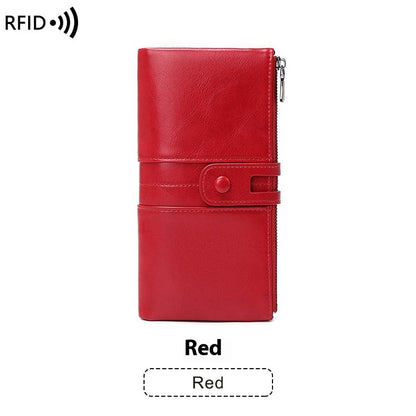 Oil Wax Leather Women’s Long Wallet – Double Zipper Retro Anti-theft PU Purse