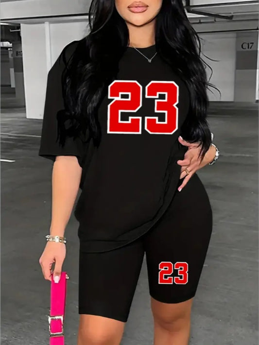 Women’s Casual Sporty Number Print T-Shirt & Shorts Set – Comfortable Summer Loungewear Outfit