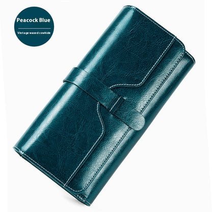 Pure Leather Women’s Tri-fold Wallet – Long Buckle Genuine Cowhide