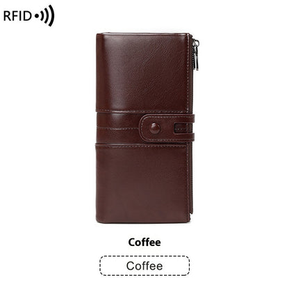Oil Wax Leather Women’s Long Wallet – Double Zipper Retro Anti-theft PU Purse