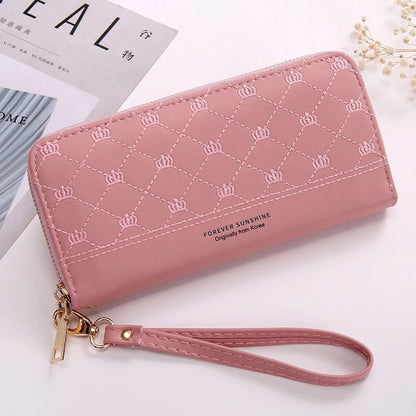 Women’s Crown Embroidery Clutch Wallet – Single Zip PU Leather Long Purse