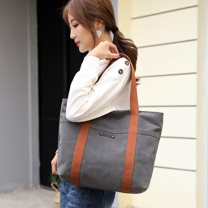 Casual Canvas Tote Bag for Women – Retro Solid Color Shoulder & Messenger Handbag