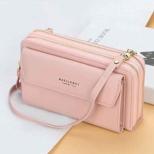 Ladies’ Long Wallet with Double Zipper – Large Capacity PU Leather Diagonal Crossbody Bag