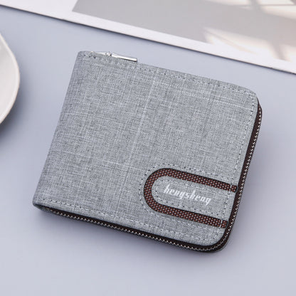 Men’s Canvas Short Wallet – Retro Multifunctional Zipper Bifold Purse with Card & Coin Holder