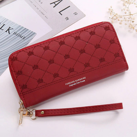 Women’s Crown Embroidery Clutch Wallet – Single Zip PU Leather Long Purse