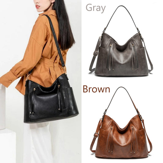 Luxury Women’s Leather Handbag – Large Capacity Messenger Bag, Vintage PU Shoulder Tote with Tassel Design