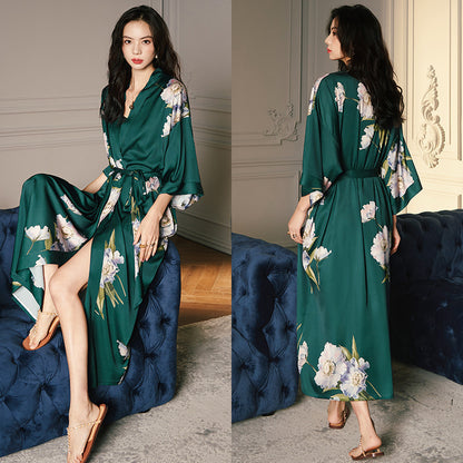 Women’s Luxury Silk Dressing Gown – Long Floral Print Elegant Nightwear Robe