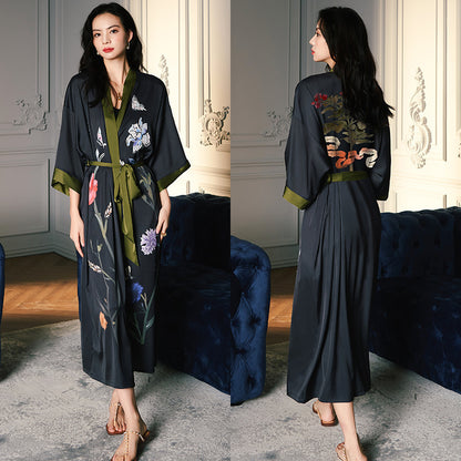 Women’s Luxury Silk Dressing Gown – Long Floral Print Elegant Nightwear Robe