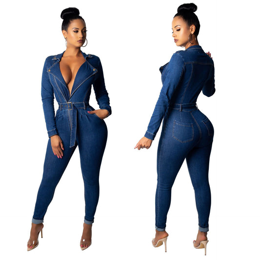 Women’s Denim Bodysuit – Casual Slim Fit Sleeveless Jumpsuit