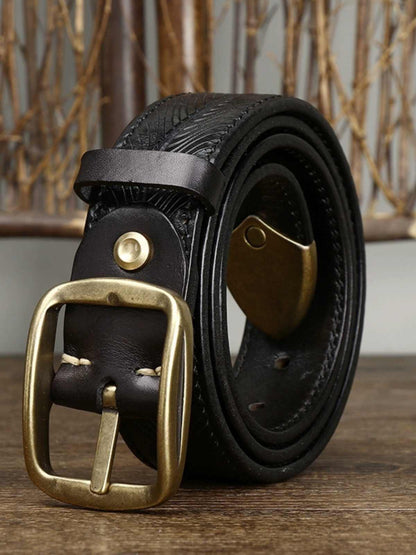 Men’s Double-Sided Genuine Cowhide Belt – 3.8CM Wide Thick Leather with Brass Buckle