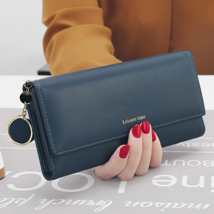 Women’s Korean Style Pendant Wallet – Long PU Leather Multi-Function Tri-Fold Purse