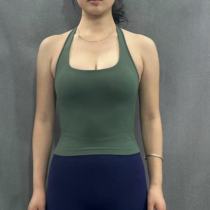 Wide Shoulder Strap Halter Neck Waist Cinching Sports Bra – Seamless Yoga & Fitness Top