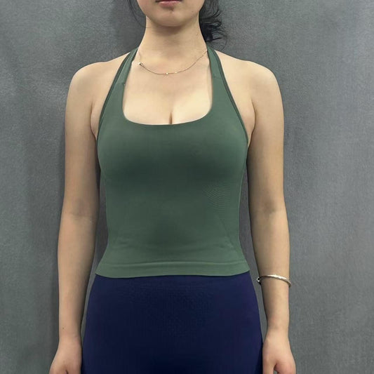 Wide Shoulder Strap Halter Neck Waist Cinching Sports Bra – Seamless Yoga & Fitness Top