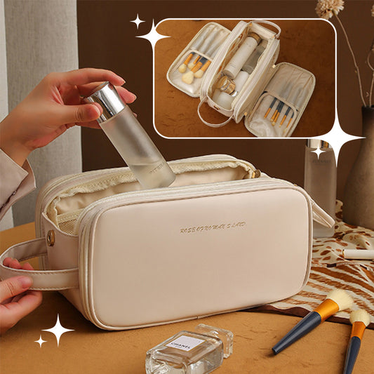 Three-Layer PU Leather Cosmetic Bag – Double Zipper U-Shape Portable Makeup Organizer