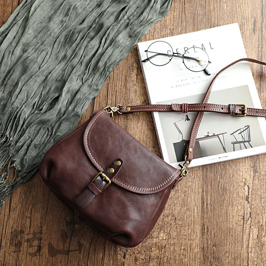 Handmade Retro Crossbody Bag – Vegetable Tanned Genuine Leather Bucket Purse for Women