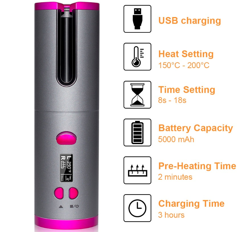 Wireless USB Rechargeable Curling Iron – Multifunctional Automatic Hair Curler with 6 Heat Settings