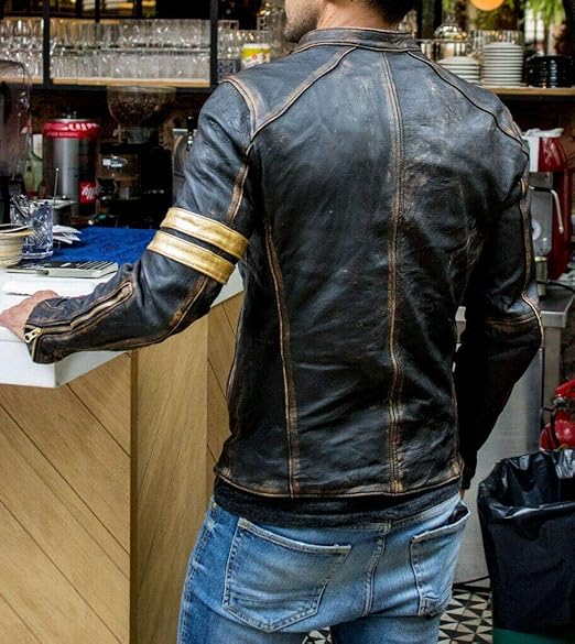 Men’s Distressed Cafe Racer Leather Motorcycle Jacket – Vintage Black, Real Lambskin