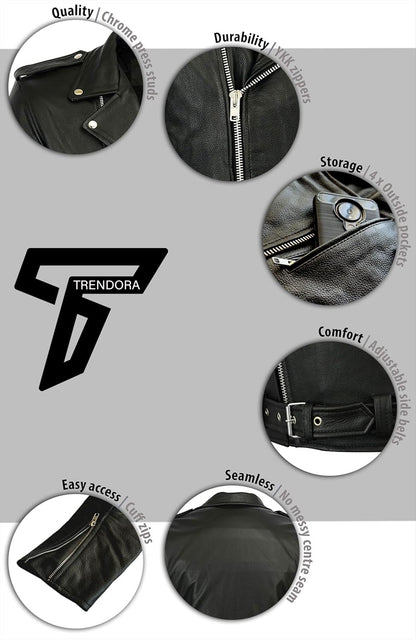 Men’s Brando Style Motorcycle Leather Jacket – CE Armoured, Touring Biker Jacket Black
