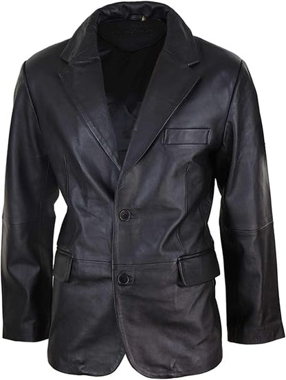 Men’s Genuine Leather Blazer Jacket – Vintage 2-Button Regular Fit, Black Sheep Leather