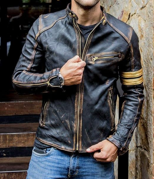 Men’s Distressed Cafe Racer Leather Motorcycle Jacket – Vintage Black, Real Lambskin