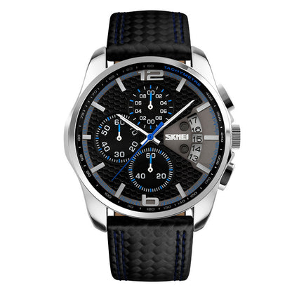 Men’s Leather Quartz Sports Watch – Waterproof Chronograph with Calendar