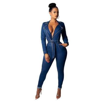 Women’s Denim Bodysuit – Casual Slim Fit Sleeveless Jumpsuit