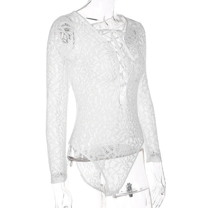 Women’s Lace Romper Jumpsuit – Deep V Hollow Out Short Bodysuit with Tie, Long Sleeve Summer White