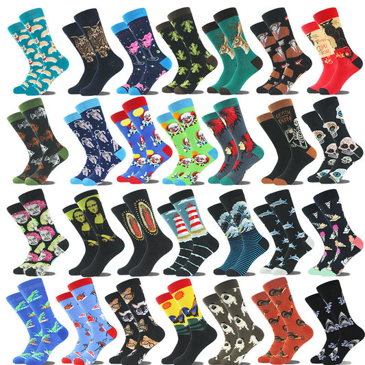 Men’s Retro Oil Painting Cartoon Animal Socks – Artistic Mid-Calf Cotton Crew Socks