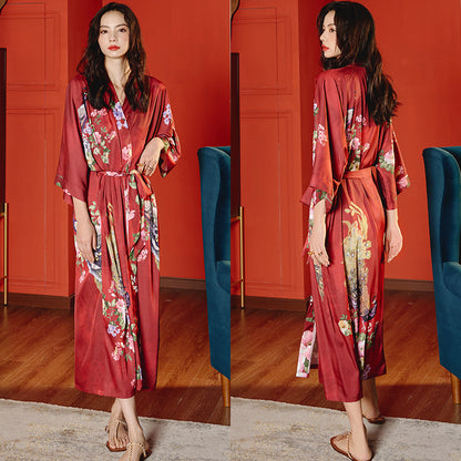 Women’s Luxury Silk Dressing Gown – Long Floral Print Elegant Nightwear Robe