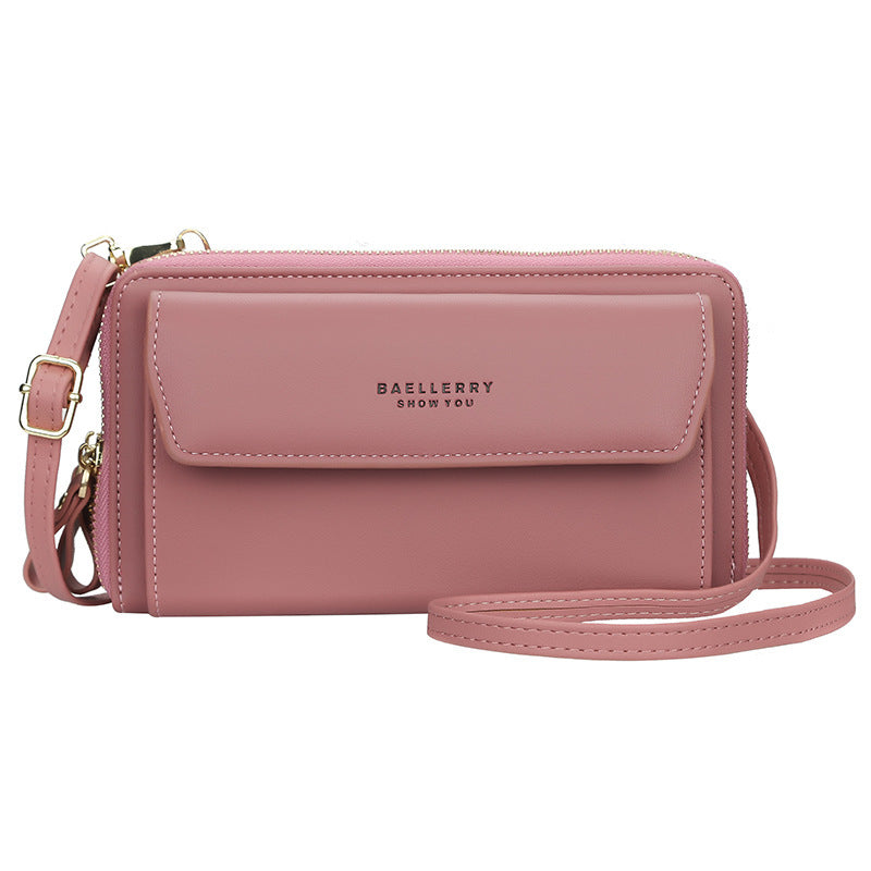 Ladies’ Long Wallet with Double Zipper – Large Capacity PU Leather Diagonal Crossbody Bag