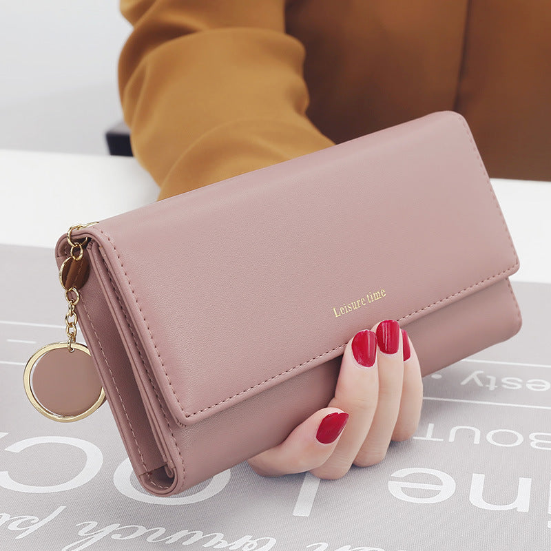 Women’s Korean Style Pendant Wallet – Long PU Leather Multi-Function Tri-Fold Purse