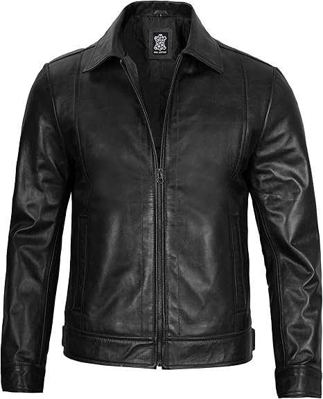 Men's Real Lambskin Leather Cafe Racer Jacket – Classic Black Biker Style with Pockets