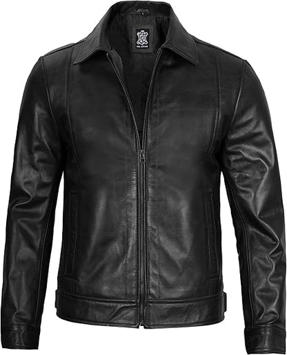 Men's Real Lambskin Leather Cafe Racer Jacket – Classic Black Biker Style with Pockets