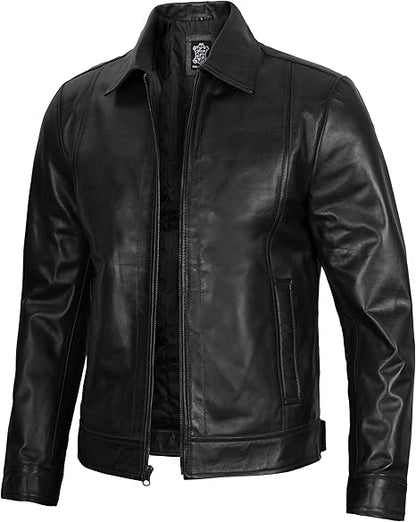 Men's Real Lambskin Leather Cafe Racer Jacket – Classic Black Biker Style with Pockets