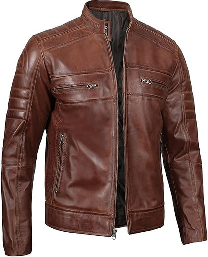 Men’s Quilted Cafe Racer Leather Motorcycle Jacket – Real Lambskin