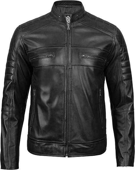 Men’s Quilted Cafe Racer Leather Motorcycle Jacket – Real Lambskin