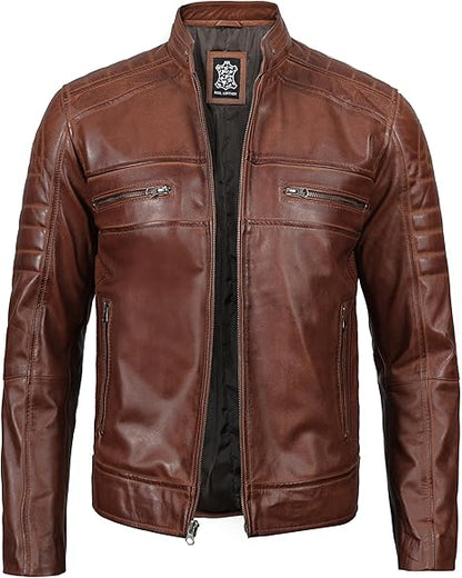 Men’s Quilted Cafe Racer Leather Motorcycle Jacket – Real Lambskin