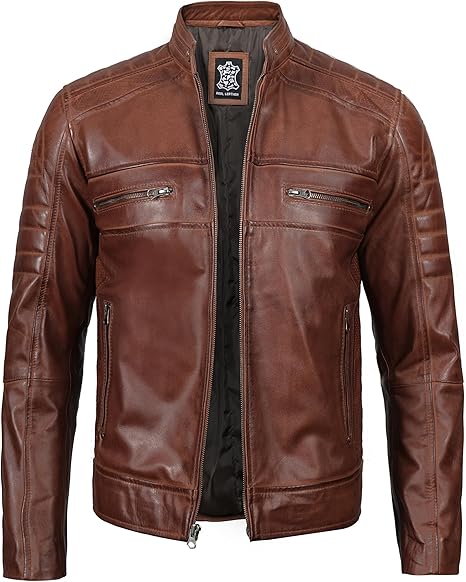 Men’s Quilted Cafe Racer Leather Motorcycle Jacket – Real Lambskin