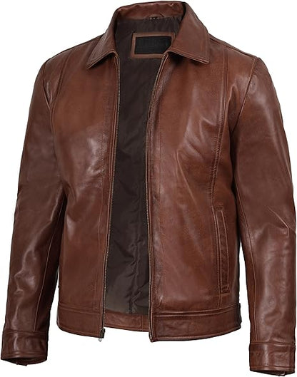 Men's Real Lambskin Leather Cafe Racer Jacket – Classic Black Biker Style with Pockets