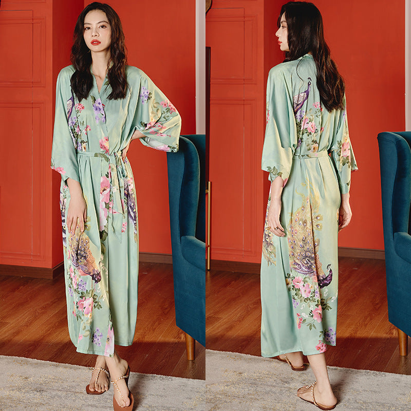 Women’s Luxury Silk Dressing Gown – Long Floral Print Elegant Nightwear Robe