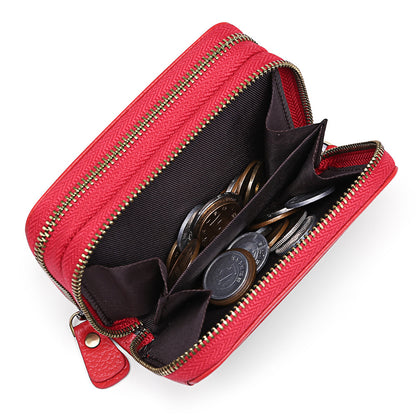 First Cowhide Double Layer Zipper Expanding Card Holder – Genuine Leather Anti-Theft Wallet with Gift Box