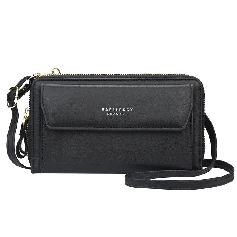 Ladies’ Long Wallet with Double Zipper – Large Capacity PU Leather Diagonal Crossbody Bag
