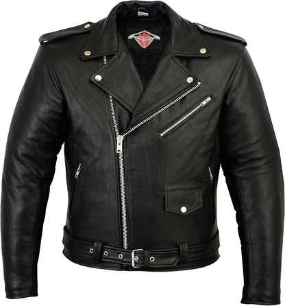 Men’s Brando Style Motorcycle Leather Jacket – CE Armoured, Touring Biker Jacket Black