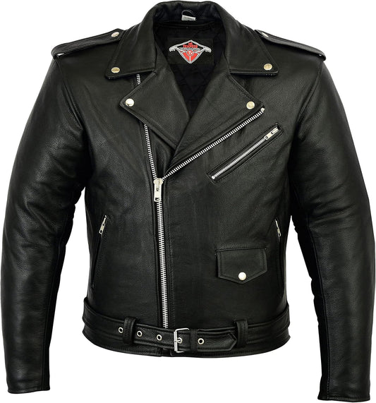 Men’s Brando Style Motorcycle Leather Jacket – CE Armoured, Touring Biker Jacket Black