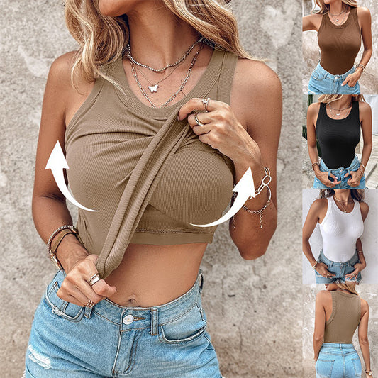 Women’s Round Neck Vest with Built-In Bra – Summer Solid Color Sleeveless Top