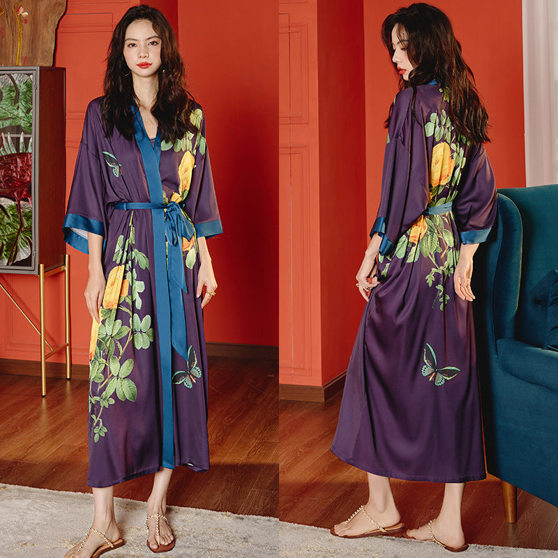 Women’s Luxury Silk Dressing Gown – Long Floral Print Elegant Nightwear Robe
