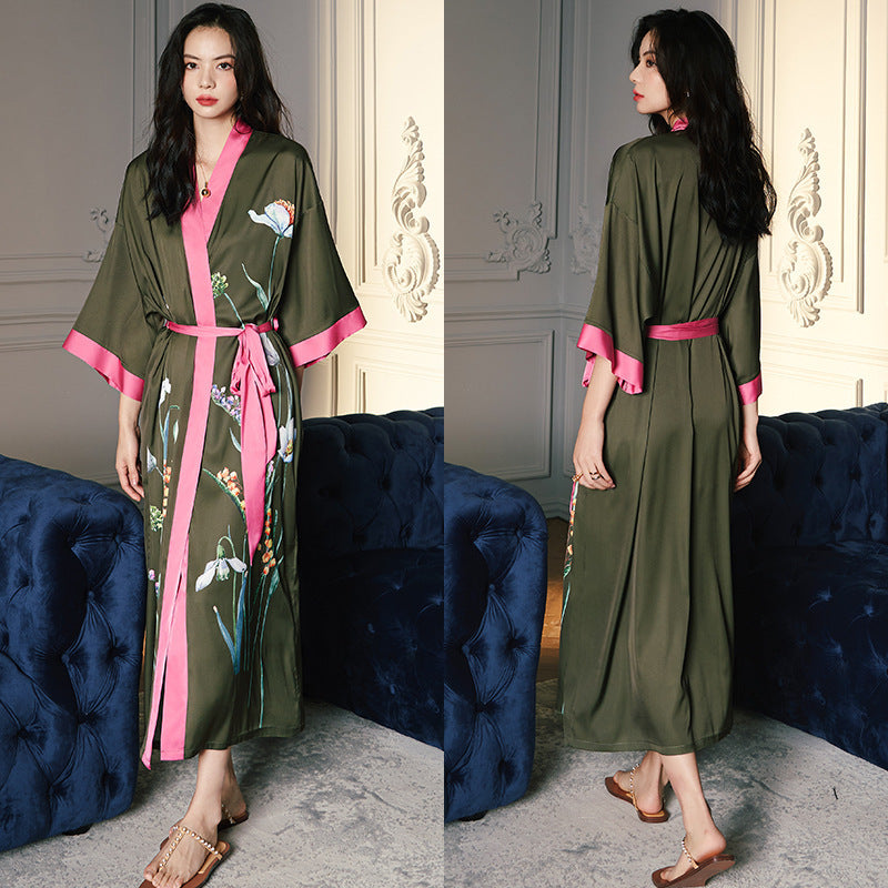 Women’s Luxury Silk Dressing Gown – Long Floral Print Elegant Nightwear Robe